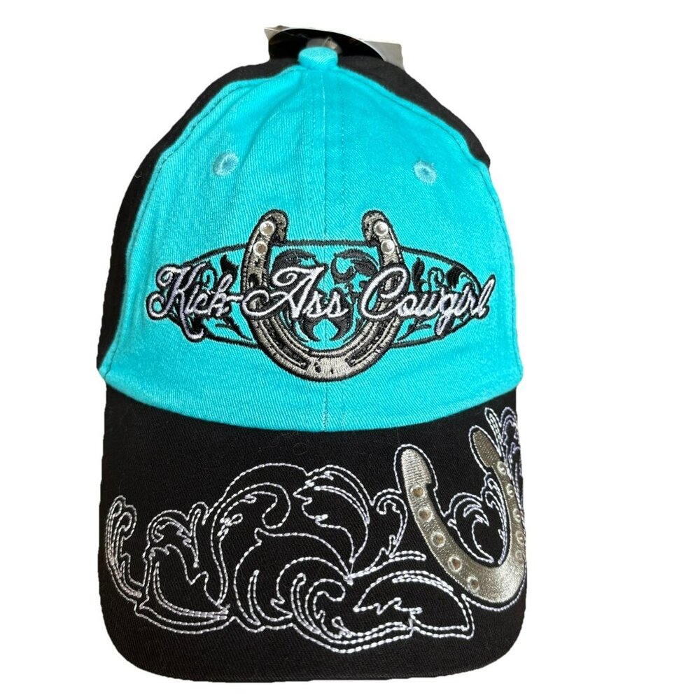 Kick Ass cowgirl Aqua blue black six panel baseball cap embroidered horseshoe